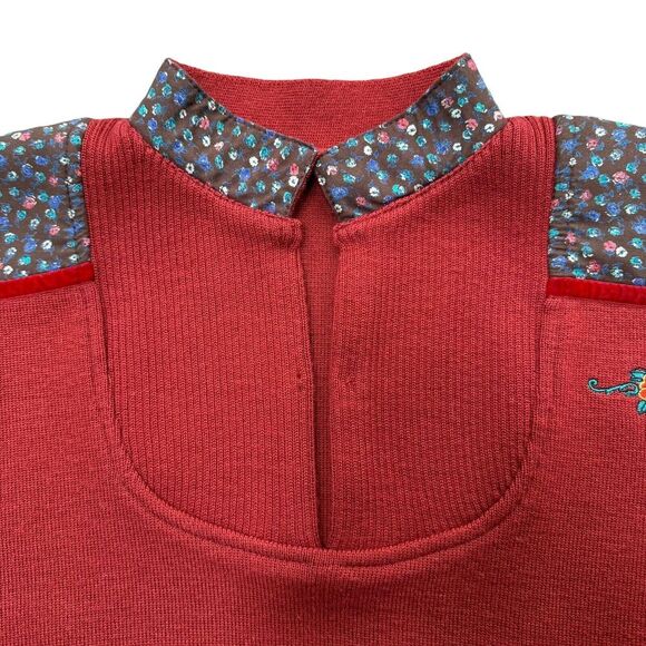 Vintage 80s Womens Mock Neck Sweater Small Rust Micro Floral Embroidered Fall - Picture 5 of 16